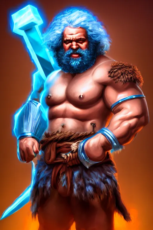 Prompt: character portrait of buff barbarian karl marx with shining blue body painting, dungeons and dragons cover artwork, dynamic composition, dramatic lighting, trending on artstation, award winning art, stylized painting, concept art, 4 k, 8 k