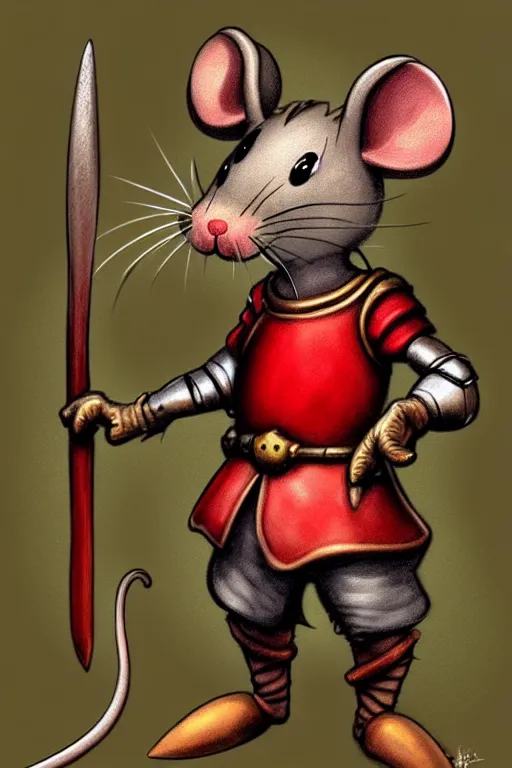 Prompt: a cute mouse knight character design, red wall, brian jacques fantasy art character