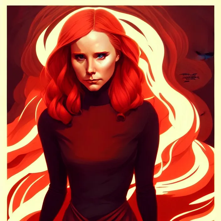 Image similar to style artgerm, joshua middleton, beautiful kristen bell with dark red dress, very long orange hair, symmetrical face, symmetrical eyes, fire powers fire swirling, detailed, volcano setting, cinematic lighting