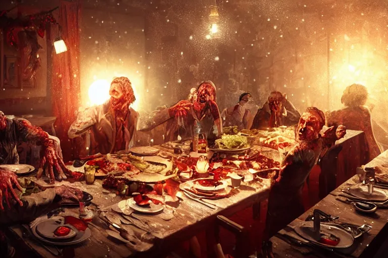 Image similar to the most amazing dream you ever had about zombies christmas dinner, hyper realistic, ambient lighting, concept art, intricate, hyper detailed, smooth, dynamic volumetric lighting, octane, cinematic