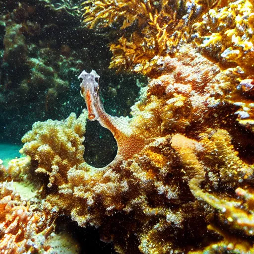 Prompt: Photo of a little sea horse scared by three snorkel divers taking photos with flash of him, hyperrealism, dynamic lighting