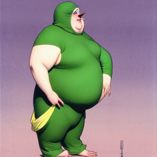 Prompt: a fat male pigeon in a green onepiece body suit, by Range Murata and Mucha