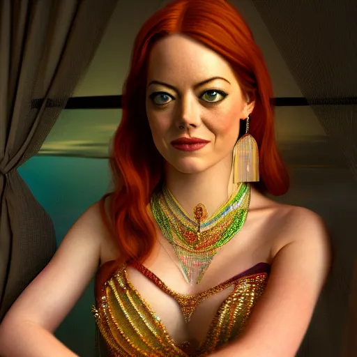 Image similar to a photorealistic portrait of actress emma stone dressed as a belly dancer, arabian night, volumetric lightening, octane render, high quality, fully detailed, 4 k, in focus sharp face with fine details, her hands by albrecht durer, inspired by belly dancer on youtube, alphonse mucha, masterpiece, stunning