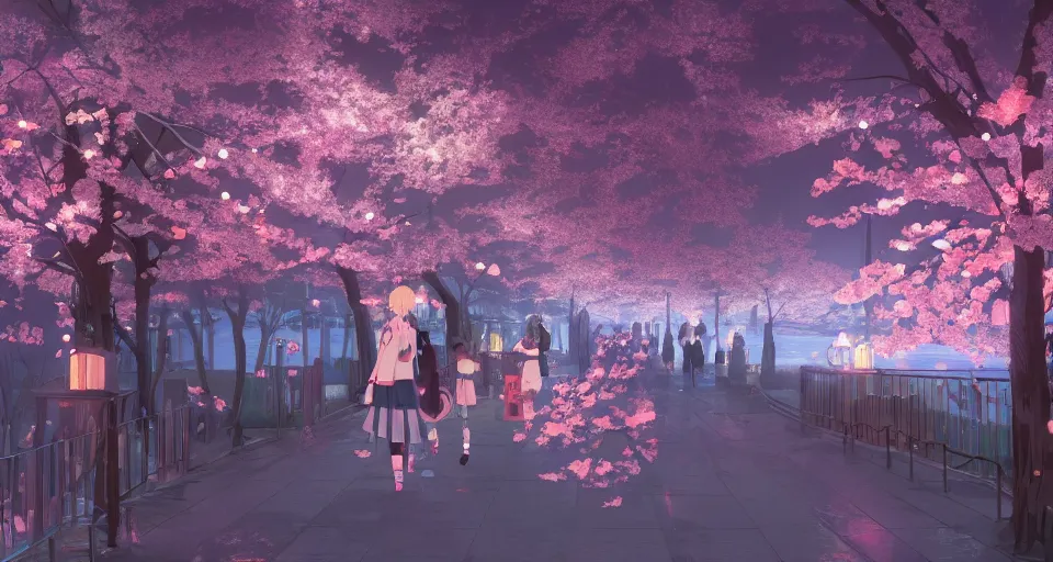 Image similar to Anime picture of night festive Montreux city with blooming sakura and candles on the lake, volumetric lighting, 4k, octane, digital painting, artstation, concept art, sharp focus, illustration, art by Makoto Shinkai and Ilya Kuvshinov