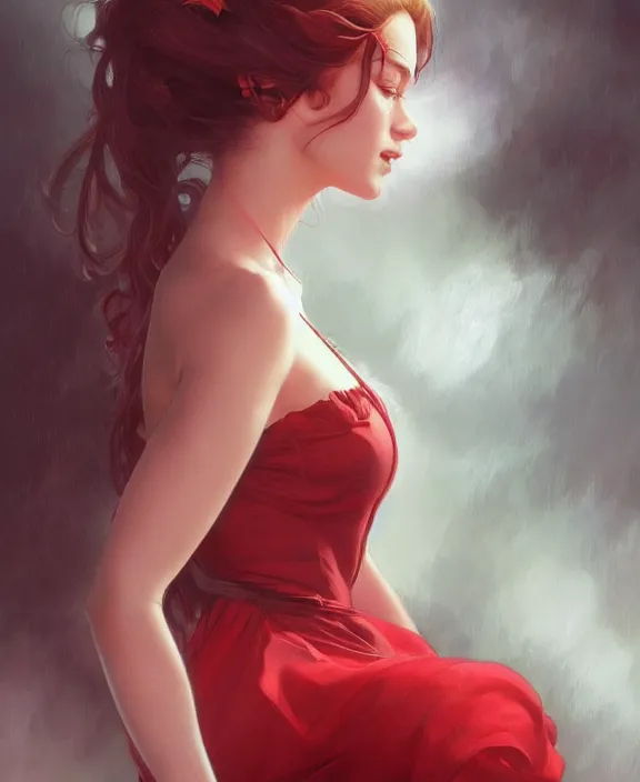 Image similar to teen girl in dress made of red feather, realistic portrait, highly detailed, digital painting, artstation, concept art, smooth, sharp focus, illustration, cinematic lighting, art by artgerm and greg rutkowski and alphonse mucha and boris vallejo and frank frazetta