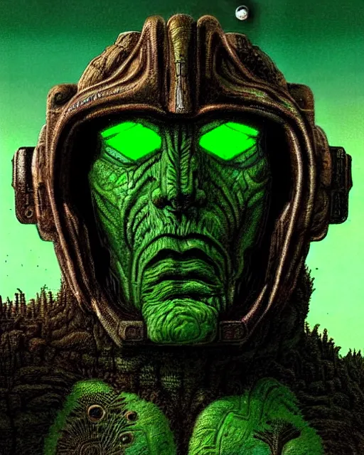 Image similar to portrait giant green humanoid with his fist up, brown armor, background ancient alien landscape, low angle, close up, concept art, intricate details, highly detailed, sci - fi poster, future, sci - fi art, in the style of chris foss, rodger dean, moebius, michael whelan, and gustave dore