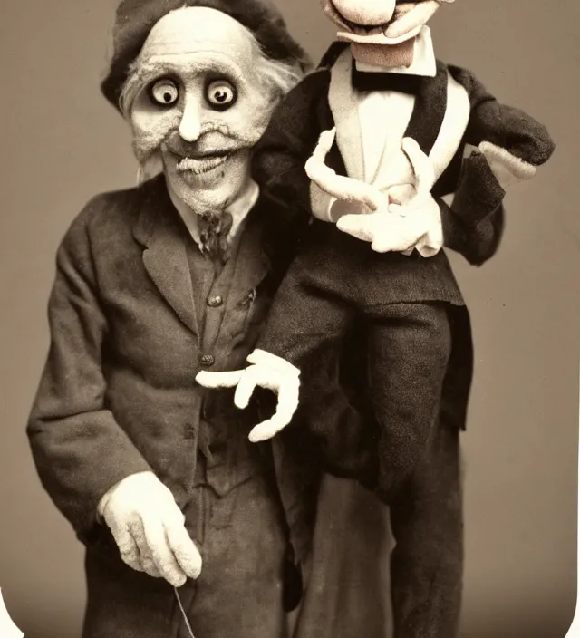 Prompt: hyper realistic old photography of lunatic ventriloquist old man with terrific haunted puppet