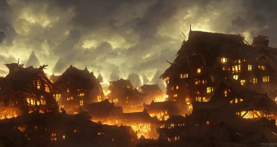 Prompt: one single giant ogre attacks wooden village houses. destruction. atmospheric beautiful by eddie mendoza and craig mullins. volumetric lights