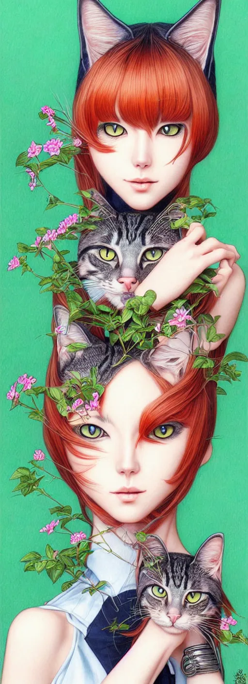 Image similar to richly detailed color pencil illustration of a portrait of a stylish gardener woman hypnotic cat, by artgerm and range murata rendered with 3 d effect.