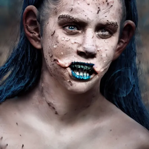 Prompt: a little blue-skinned girl with messy black hair sharp pointed ears freckles along the ridges of her cheeks and sharp pointy teeth, dnd triton, high resolution film still, 4k, HDR colors