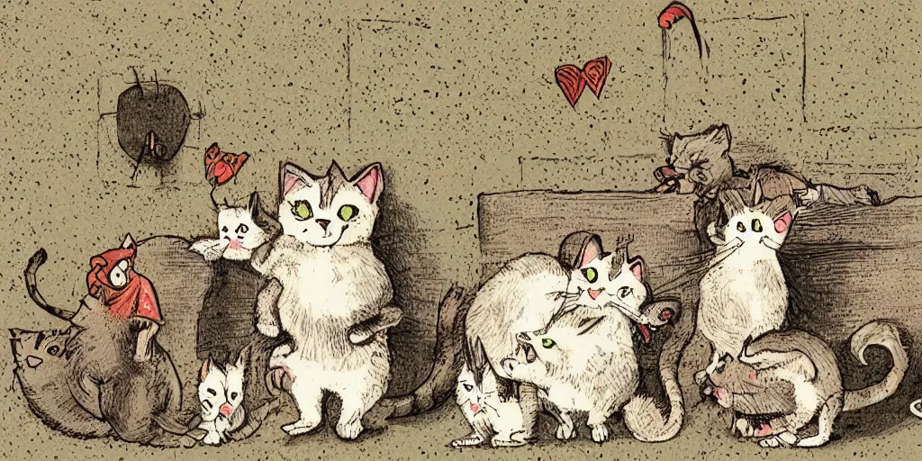 Prompt: a digital illustration of a happy cat haunting a family of mice at the edge of madness