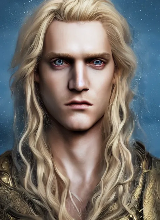 Image similar to An epic fantastic realism comic book style portrait painting of Lucius the most beautiful androgynous blond prince in the universe, long fluffy light golden blond curls of hair, porcelain pale skin, flowers rain everywhere, fisheye lens, Apex Legends Concept Art, porcelain, unreal 5, DAZ, hyperrealistic, octane render, cosplay, RPG portrait, dynamic lighting