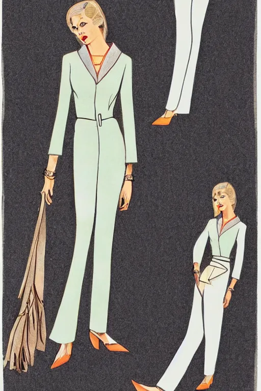 Image similar to a detailed fashion illustration of a midcentury hostess outfit with pants