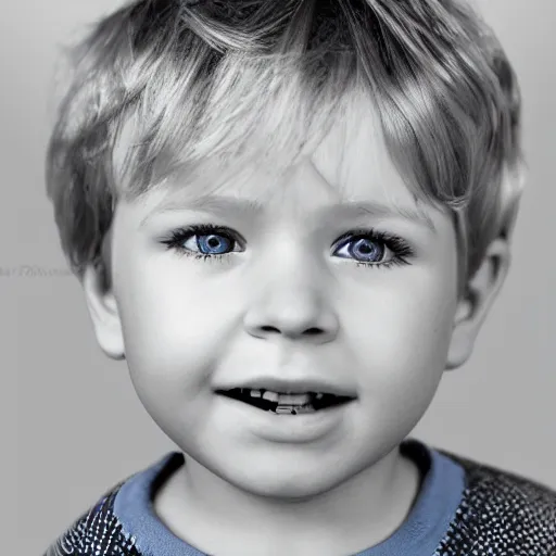 Prompt: pencil drawing of a toddler boy with curly light blond hair and blue eyes, photography, realistic