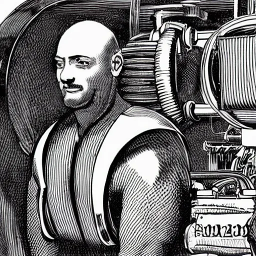 Image similar to a muscular bald man carrying engines on his back, technical diagram, diesel engine, gasoline engine, combustion engine