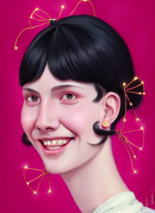 Image similar to portrait of high school girl, realistic, black hair, bangs, half updo hairstyle, pointy nose, skinny, smile, ugly, defined jawline, big chin, pink hair bow, earrings, intricate, elegant, glowing lights, highly detailed, digital painting, artstation, sharp focus, illustration, art by wlop, mars ravelo and greg rutkowski