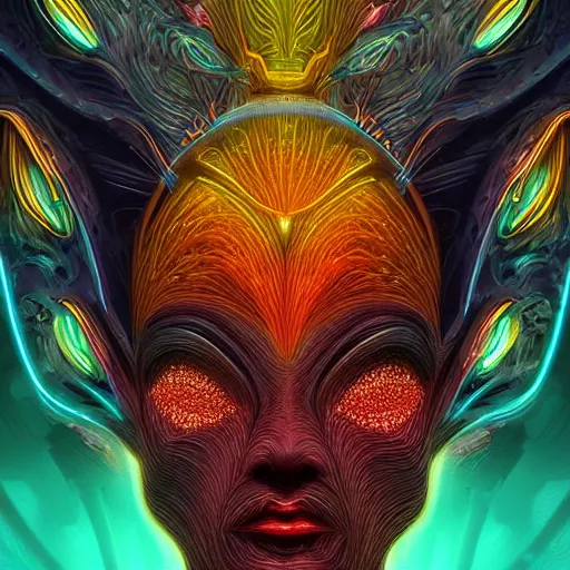 Image similar to Face of a Alien Deity, centered, corals, plume made of geometry, extremly detailed digital painting, sharp focus in the style of android jones, artwork of a futuristic artificial intelligence superstar with frames made of detailed circuits, mystical colors, rim light, beautiful lighting, 8k, stunning scene, raytracing, octane, under water visual distortion, dark tones colors, trending on artstation