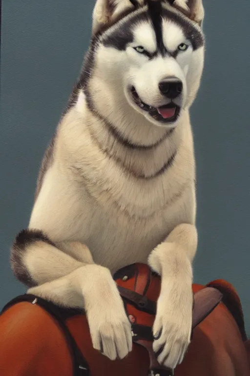 Image similar to a portrait painting of a husky in cowboy costume on the horse, anime, furry, humanoid, personify, anthropomorphic