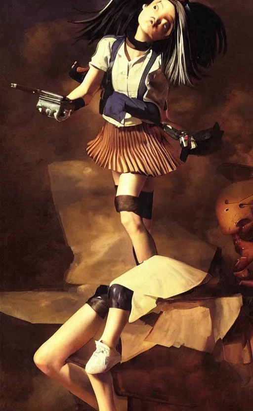 Prompt: alien, school uniform, seifuku, pleated miniskirt, overknee socks, battle angel alita. by rembrandt 1 6 6 7, ridley scott, illustration, by konstantin razumov, by william - adolphe bouguerea