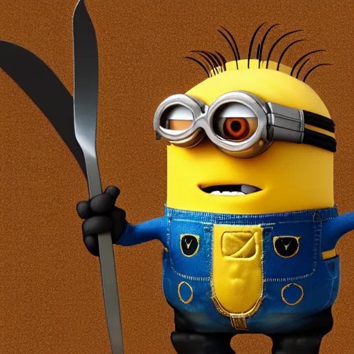 Image similar to a 3d render of a minion with a machete , 4k