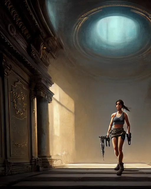 Image similar to lara croft exploring an italian opera house as she hides from numerous musclebound male goons patrolling the area, by wlop, greg rutkowski and peter mohrbacher, extremely detailed shading, concept art, digital painting, trending on artstation, unreal engine 5, octane render, atmosphere, lens flare, glow, cinematic lighting, full of color