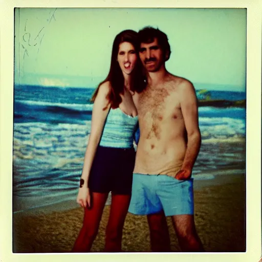 Prompt: found polaroid of my parents at the beach who look exactly like Anna Kendrick and Roger Federer