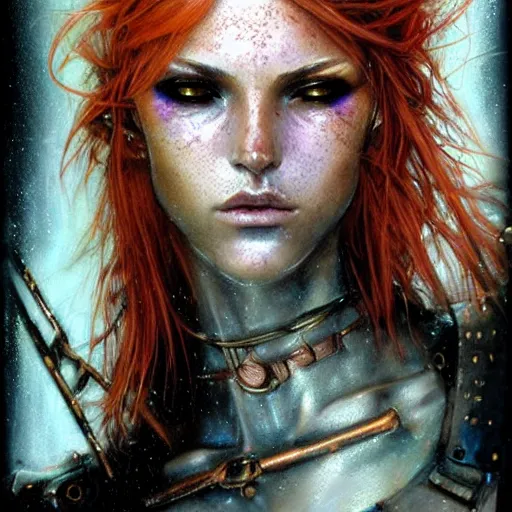 Prompt: an award finning closeup facial portrait by luis royo and john howe of a very beautiful and attractive female bohemian cyberpunk traveller of 1 9 years of age with green eyes, bright copper hair and freckles in clothed in excessively fashionable cyberpunk gear and wearing vibrant and ornate half - face makeup