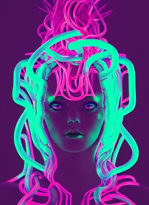 Image similar to medusa, beeple, vaporwave, retrowave, black background, neon wiring, black, glitch, strong contrast, cuts, pinterest, trending on artstation