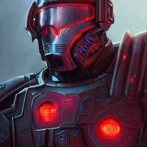 Image similar to the doomslayer as a realistic scifi cyberpunk knight, closeup portrait art by donato giancola and greg rutkowski, vintage retro scifi, realistic face, digital art, trending on artstation, glowing energy shield, symmetry!!!