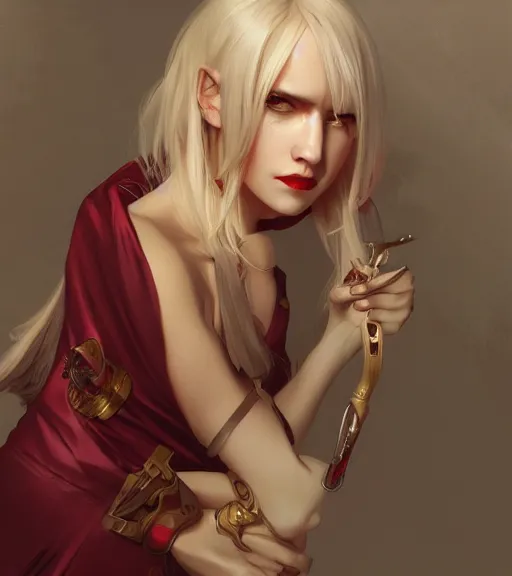 Image similar to a vampire girl wearing a golden dress, grey hair, red necktie, cinematic, stunning, highly detailed, digital painting, artstation, smooth, hard focus, full body shot, illustration, art by artgerm and greg rutkowski and alphonse mucha