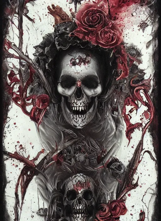 Image similar to the king of hearts, death tarot card, highly detailed, half skull face, cinematic, 8 k, by megan duncanson, benjamin lacombe, adrian borda, stanley artgermm, tom bagshaw, craig mullins, carne griffiths, ayami kojima, beksinski, giger, trending on deviantart, hyper detailed, horror, full of colour