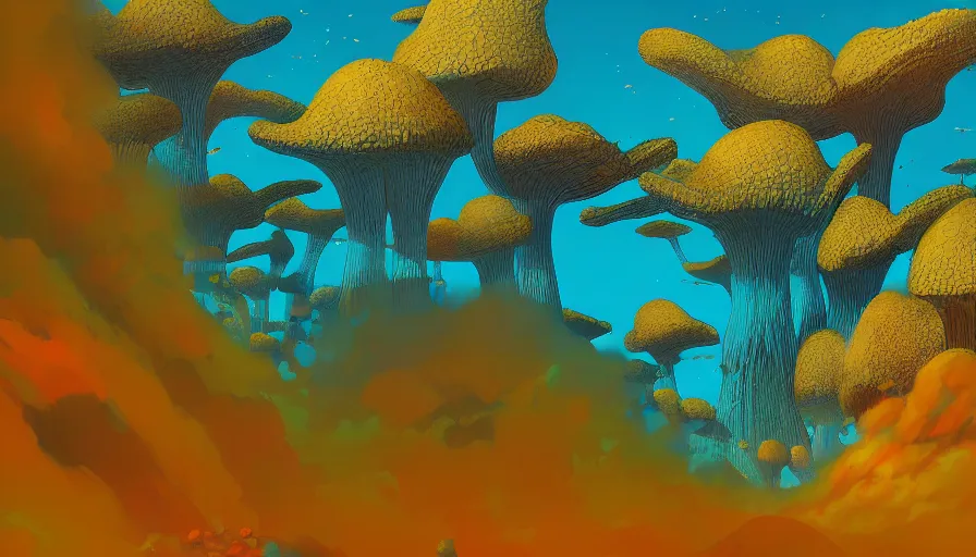 Prompt: A highly detailed digital art painting of a volatile nuclear caustic poison mushroom irradiated barren teal and yellow landscape by from software, Makoto Shinkai, by Artgerm, by beeple, volumetric lighting, octane render, 4K resolution, trending on artstation, masterpiece, vivid colours