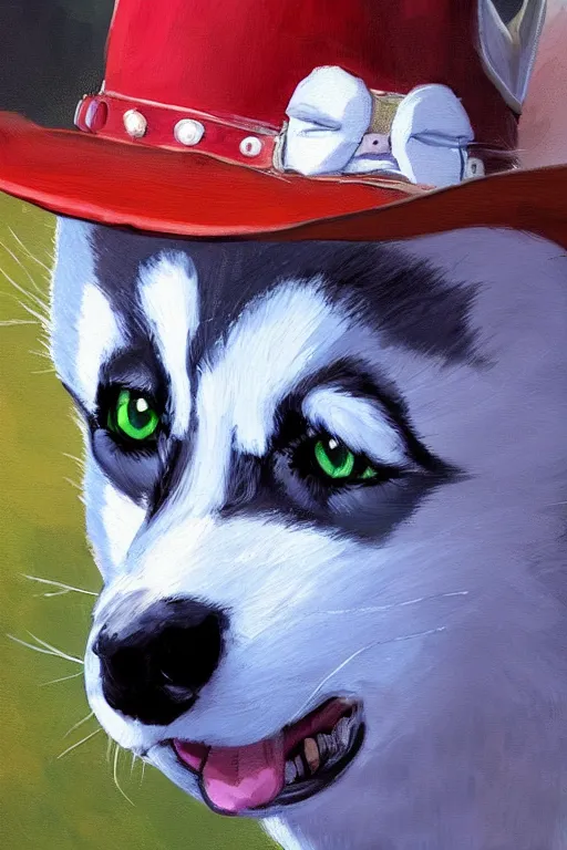 Image similar to a portrait painting of a husky in cowboy costume, wearing a cowboy hat, by studio ghibli, in the style of anime, [ red dead ], humanoid, personify, anthropomorphic, trending on artstation