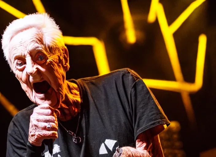 Prompt: publicity photo still of bob barker in a death metal band playing live on stage, 8 k, live concert lighting, mid shot