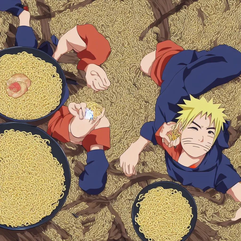 Image similar to a color manga illustration of blonde - haired naruto laying in a pile of ramen noodles in bowls, holding a large bowl of ramen and slurping up noodles. the view is top down. his mood is one of delicious bliss and naruto is the only human in the image. the image is illustrated in high colorful detail by masashi kishimoto and is very very very detailed.