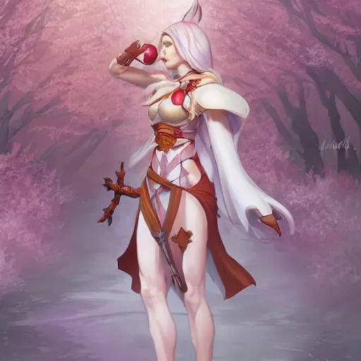 Prompt: stylized D&D character, kitsune cleric leaning against a cherry blossom tree, digital art by Artgerm, James Zapata, concept art, beautiful, highly detailed, trending on artstation