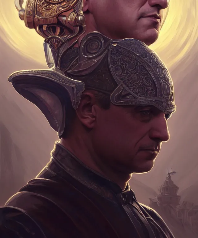 Prompt: Benjamin Netanyahu as a fantasy magic man portrait, sci-fi, amber eyes, face, fantasy, intricate, elegant, highly detailed, digital painting, artstation, concept art, smooth, sharp focus, illustration, art by artgerm and greg rutkowski and alphonse mucha