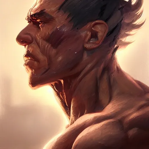 Prompt: A head-on detailed oil portrait of muscular martial artist by greg rutkowski and artgerm, trending on artstation, dungeons and dragons art