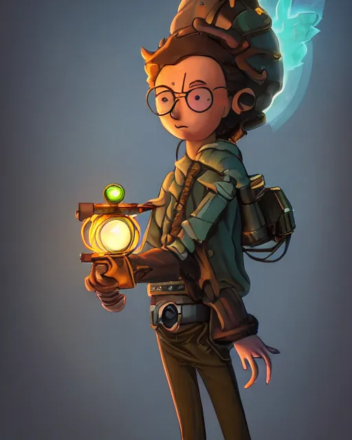 Image similar to Morty from the show Rick and Morty, Steampunk Sniper, Anthropomorphized, magic the gathering artwork, D&D, fantasy, cinematic lighting, centered, symmetrical, highly detailed, digital painting, artstation, concept art, smooth, sharp focus, illustration, volumetric lighting, epic Composition, 8k, art by Akihiko Yoshida and Greg Rutkowski and Craig Mullins, heroic pose, oil painting, cgsociety, Golden Steampunk city atmosphere