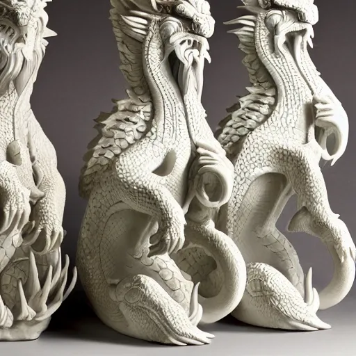 Prompt: a line of detailed white stone dragon statures lined up, oil paint, classic art, 1 6 century style, volume light