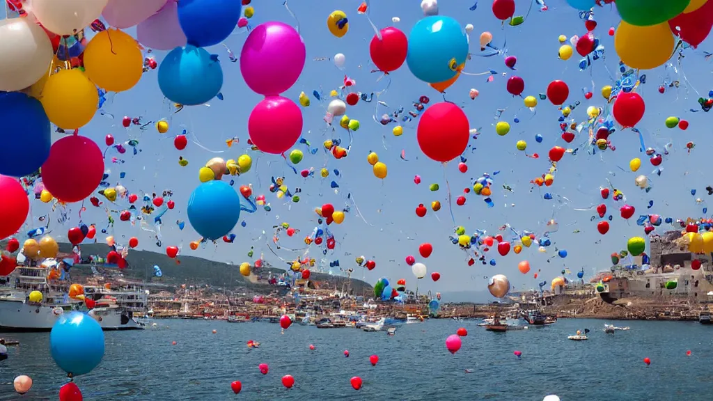 Image similar to photo of a lot of birthday balloons floating above a beautiful maritime port. sharp focus, highly - detailed, award - winning