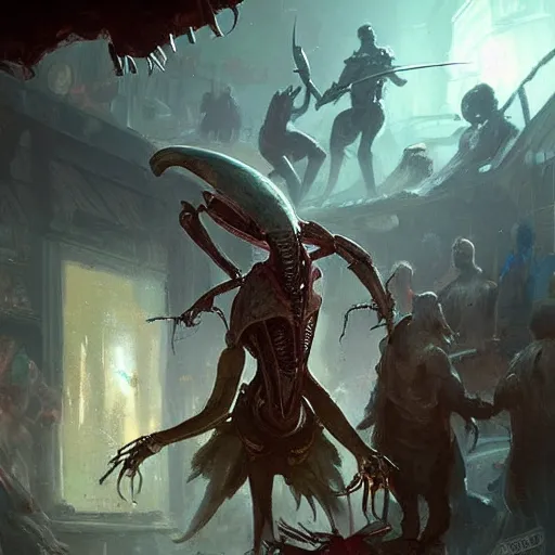 Image similar to An insectoid alien walks into a crowded, rowdy pirate tavern, fantasy art by Greg Rutkowski