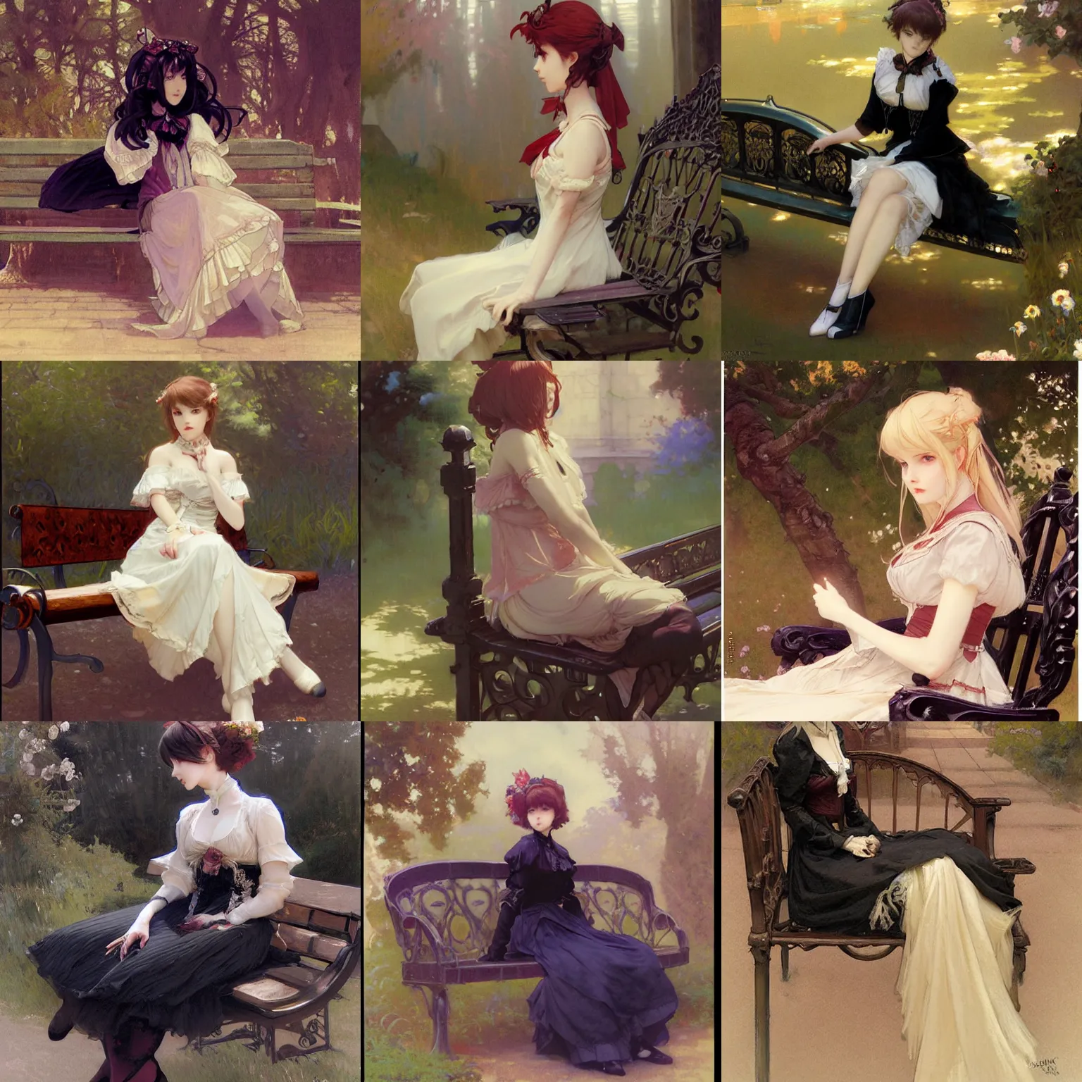 Prompt: characters design of girl in a black gothic lolita dress, sitting on a bench, by krenz cushart and mucha and akihito yoshida and greg rutkowski, painting by gaston bussiere, craig mullins, j. c. leyendecker