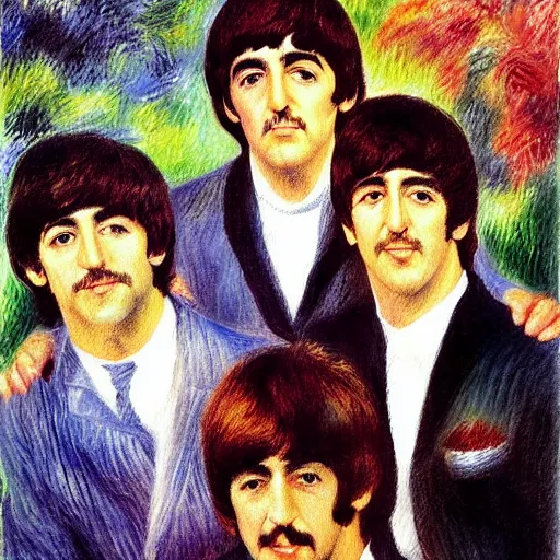 Image similar to Painting of The Beatles, in the style of Renoir