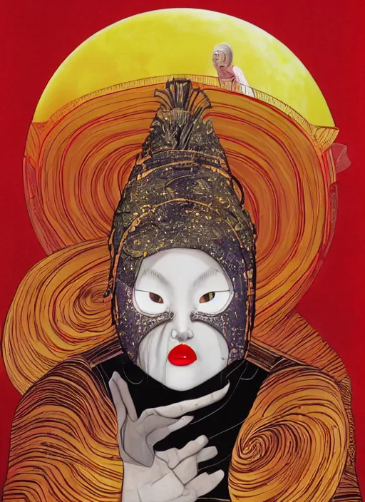 Image similar to portrait of a woman with a mask on his face in the form of a spiral in a golden kimono, full face, against the background of a bright red moon, sad motif, by hisashi eguchi, kentaro miura, and yoshitaka amano, soft colors, futuristic, 8 k