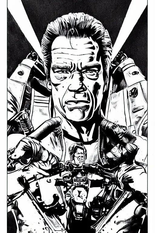 Image similar to arnold schwarzenegger as the terminator, a page from cyberpunk 2 0 2 0, style of paolo parente, style of mike jackson, adam smasher, johnny silverhand, 1 9 9 0 s comic book style, white background, ink drawing, black and white, colouring pages