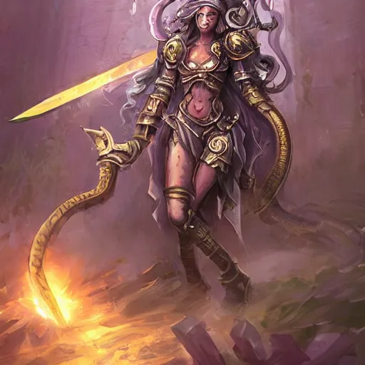 Image similar to torquoise fantasy armored medusa holding a spear, pillars background with ruined and statues, fantasy game art, fantasy rpg, league of legends