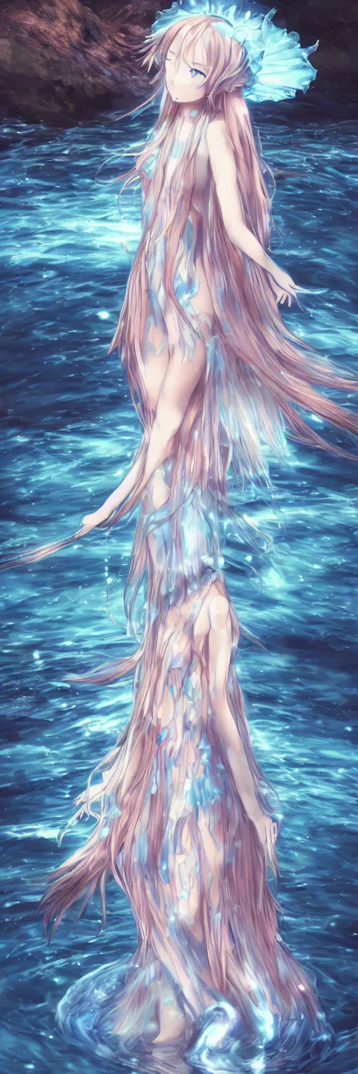 Image similar to advanced digital anime art, a very cute gorgeous teenage girl wearing a dress made of water standing in a reflective lake, full body, very long snow colored hair, sky blue highlights in hair, red fiery watery eyes, full round face, dramatic cinematic lighting, wideshot, highly intricately detailed, trending on pixiv, Artstation, painted by Rossdraws and the style of Sakimimichan