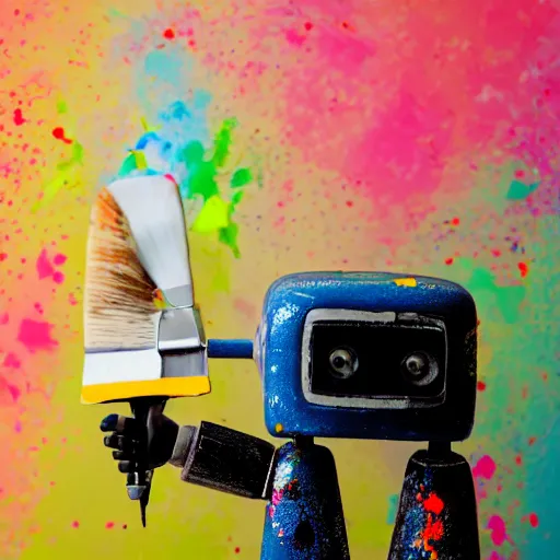 Image similar to a photograph of a robot holding a paintbrush, paint splatters everywhere, it looks in the camera, 50mm