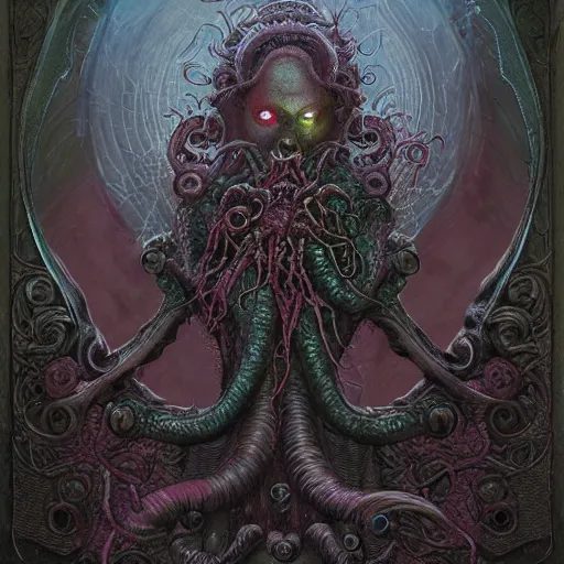 Prompt: curiosities from lovecraft botanical land, soft paint of a single curvy beautiful necromancer of madness and insanity in full mage armor, symmetry accurate features, horror, tentacles, dense volumetric fog, focus, very intricate ultrafine details, gloomy colors, award winning masterpiece, tom bagshaw artstyle